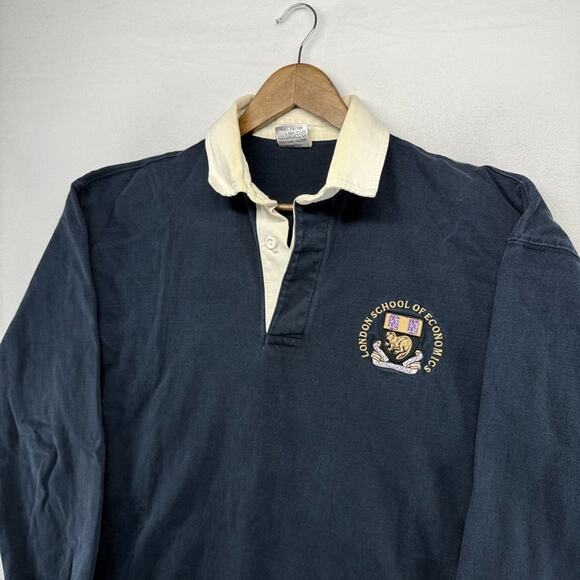 Vintage London School Of Economics Rugby Shirt Men's Large Blue Embroidered 90s - Picture 1 of 12